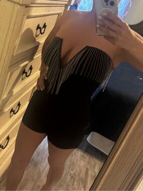Strapless Black Romper with silver beaded tassel